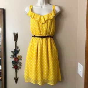Maurices Belted Yellow Polka Dot Ruffle Dress XS